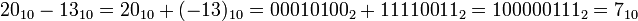 20_{10} - 13_{10} = 20_{10} + (-13)_{10} = 00010100_{2} + 11110011_{2} = 1 00000111_{2} =  7_{10}